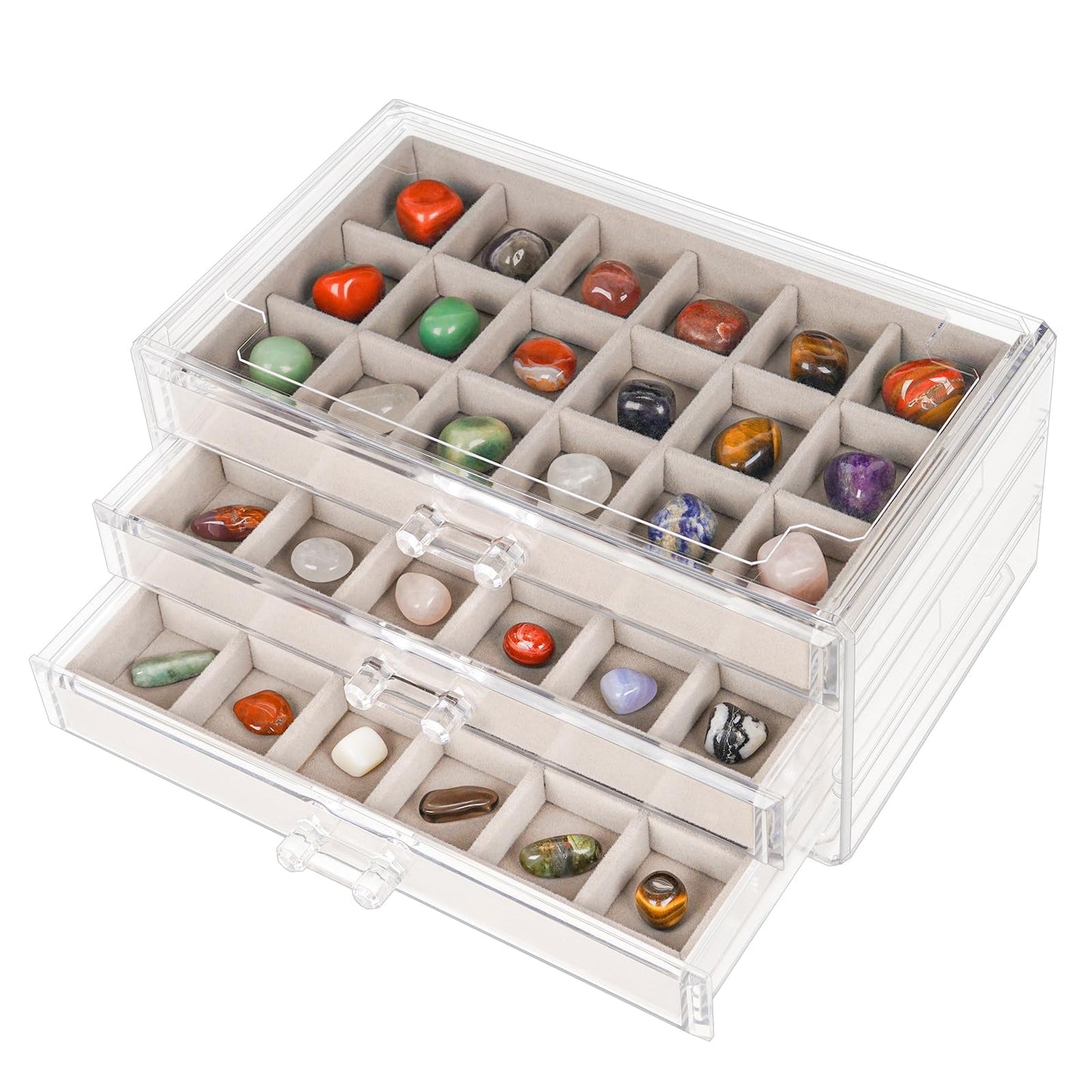 Bfttlity Acrylic Rock Display Case,54 Grids Rock Collection Box for Kids with Mini Magnifying Glass and Gloves, Clear Display Cases for Stones Collectibles Gemstone Crystals Storage Boxes