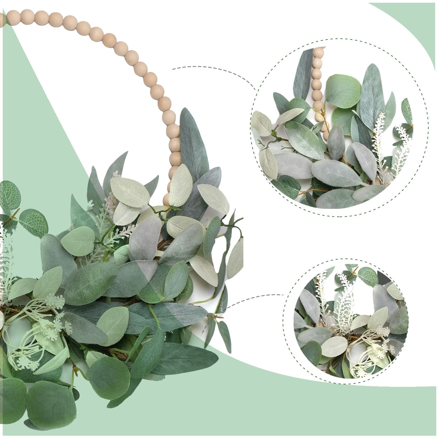 TEMPUS 2Pcs 16" Artificial Eucalyptus Wreaths - Handmade Wooden Bead & Lamb's Ear Spring Wreaths for Front Door, Farmhouse Wall Decor, Holiday Party