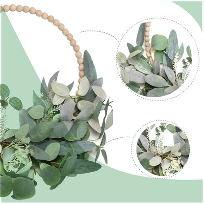 TEMPUS 2Pcs 16" Artificial Eucalyptus Wreaths - Handmade Wooden Bead & Lamb's Ear Spring Wreaths for Front Door, Farmhouse Wall Decor, Holiday Party