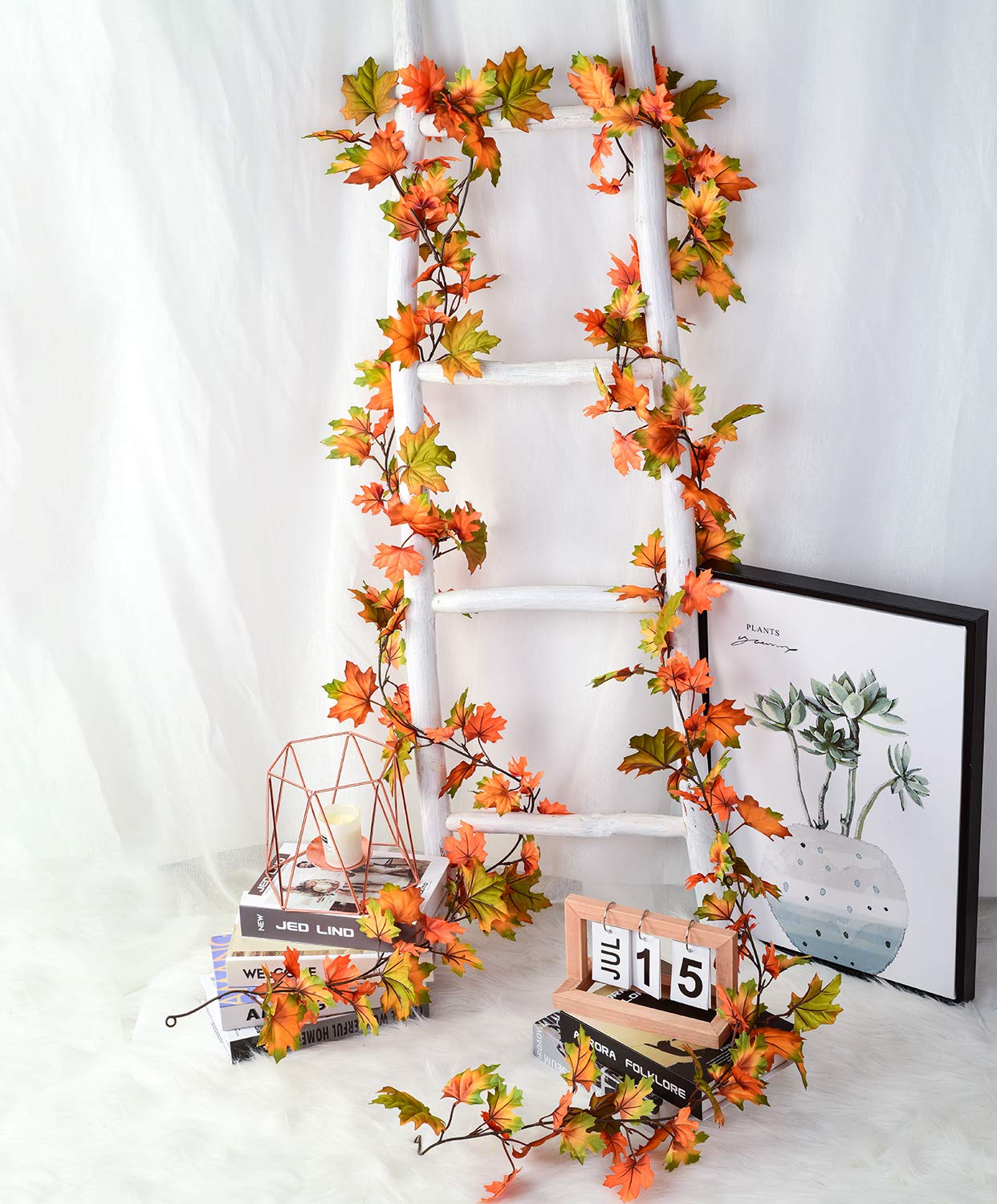2 Pack Fall Garland Maple Leaf, 6.5Ft/Piece Hanging Vine Garlands Artificial Autumn Foliage Garland Thanksgiving Decor for Home Wedding Fireplace Party