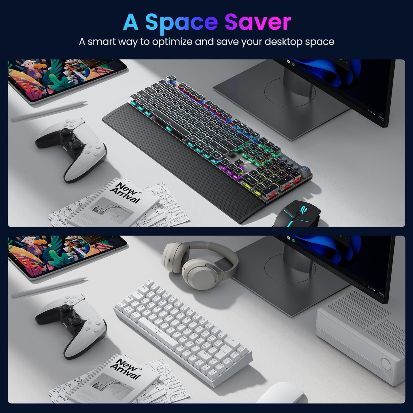 TECURS Wireless Mechanical Gaming Keyboard RGB UK Layout TKL 65% Rollover Anti-ghosting Bluetooth / 2.4G Keyboard Red Switch for PC Gamer/iPad/ PS4/Android, White