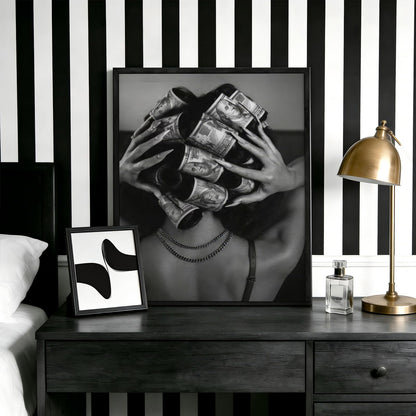 Framed Black and White Fashion Canvas Wall Art Luxury Feminist Picture Wall Decor Trendy Woman with Money on Head Poster Print for Girls Bedroom Apartment Dorm Bar Cart Home Decoration 12x16in