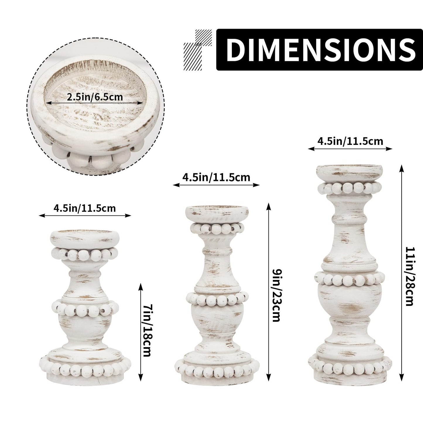 JUMBO DECOR Farmhouse Large Candle Holders for Pillar Candles, Rustic Wooden Beaded Candle Holder, Perfect for Table Centerpieces, Coffee Table or Fireplace Mantel, 3 Piece Set (White)