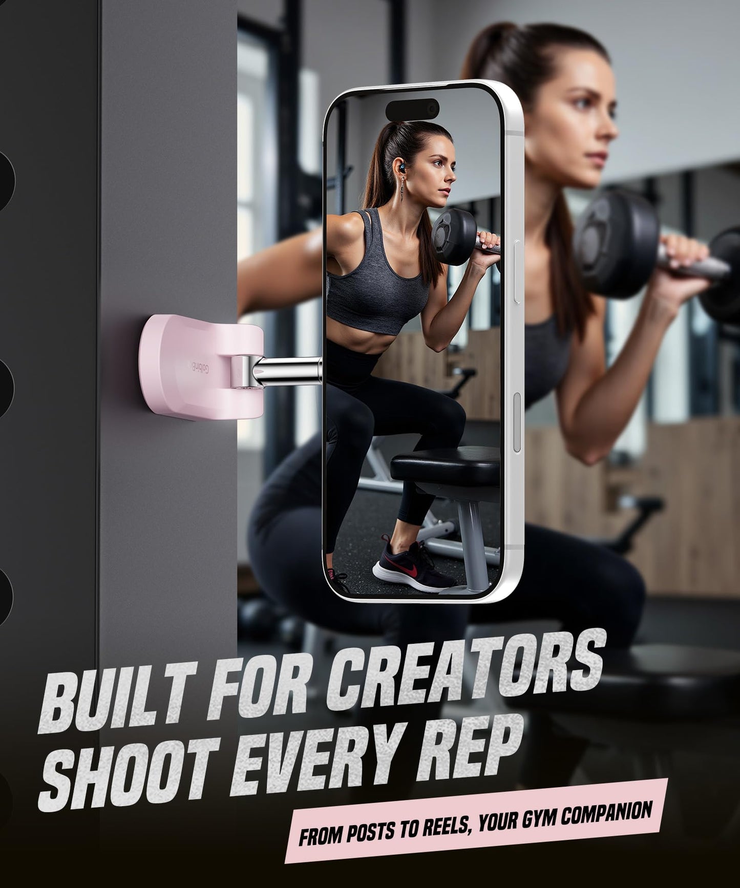 GolbinBox Magnetic Gym Phone Holder for MagSafe, All Metal Dual-Magnet Mount for iPhone and Android, 360° Adjustable Tri-Axis, Gym Essentials for Bodybuilder Men Women Recording Fitness Exercise, Pink