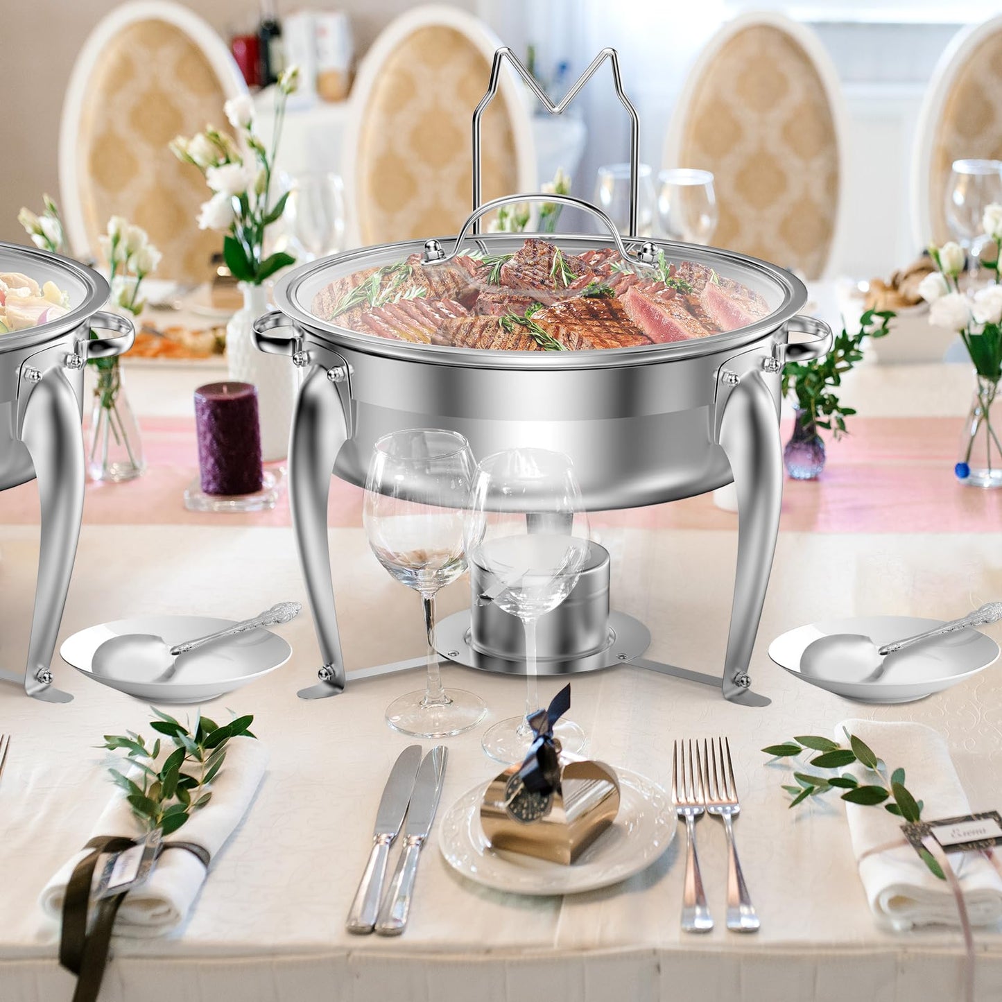BriSunshine 6 QT Chafing Dish Buffet Set with Serving Spoons, 2 Packs Stainless Steel Round Chafing Dishes with Glass Lid & Lid Holder, Food Warmers for Parties Buffet Weddings Catering Events