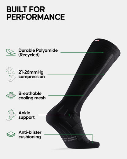 DANISH ENDURANCE Running Compression Socks, Flight Socks, 21-26mmHg, for Men & Women, Unisex, 2 Pack, Black/Grey, 43-47