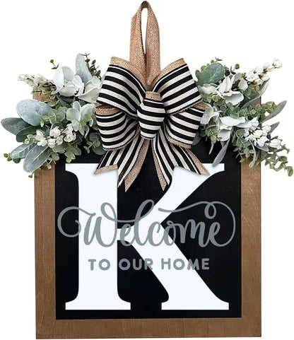Last Name All Year Round Front Door Wreath with 26 Initial Letter Welcome Sign All Seasons Eucalyptus Garland and Bow ，Farmhouse, Porch, for Spring Summer Fall All Seasons Holiday Halloween Christmas.（K）