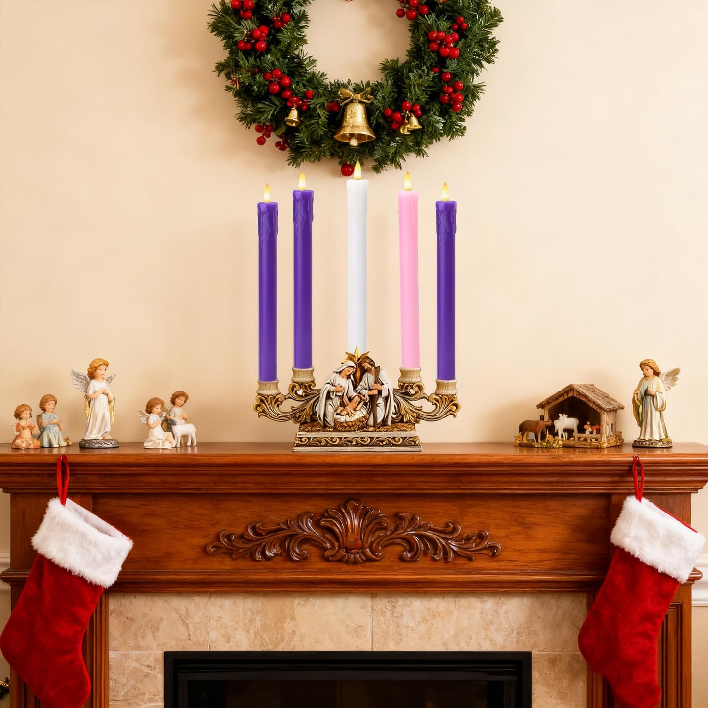 Lezonic Flameless Advent Candles Battery Operated with Remote, Set of 5 Wax Christmas Taper Nativity Candles, LED Advent Wreath Candles for Church Home Christian Decor, 3 Purple & 1 Pink & 1 White