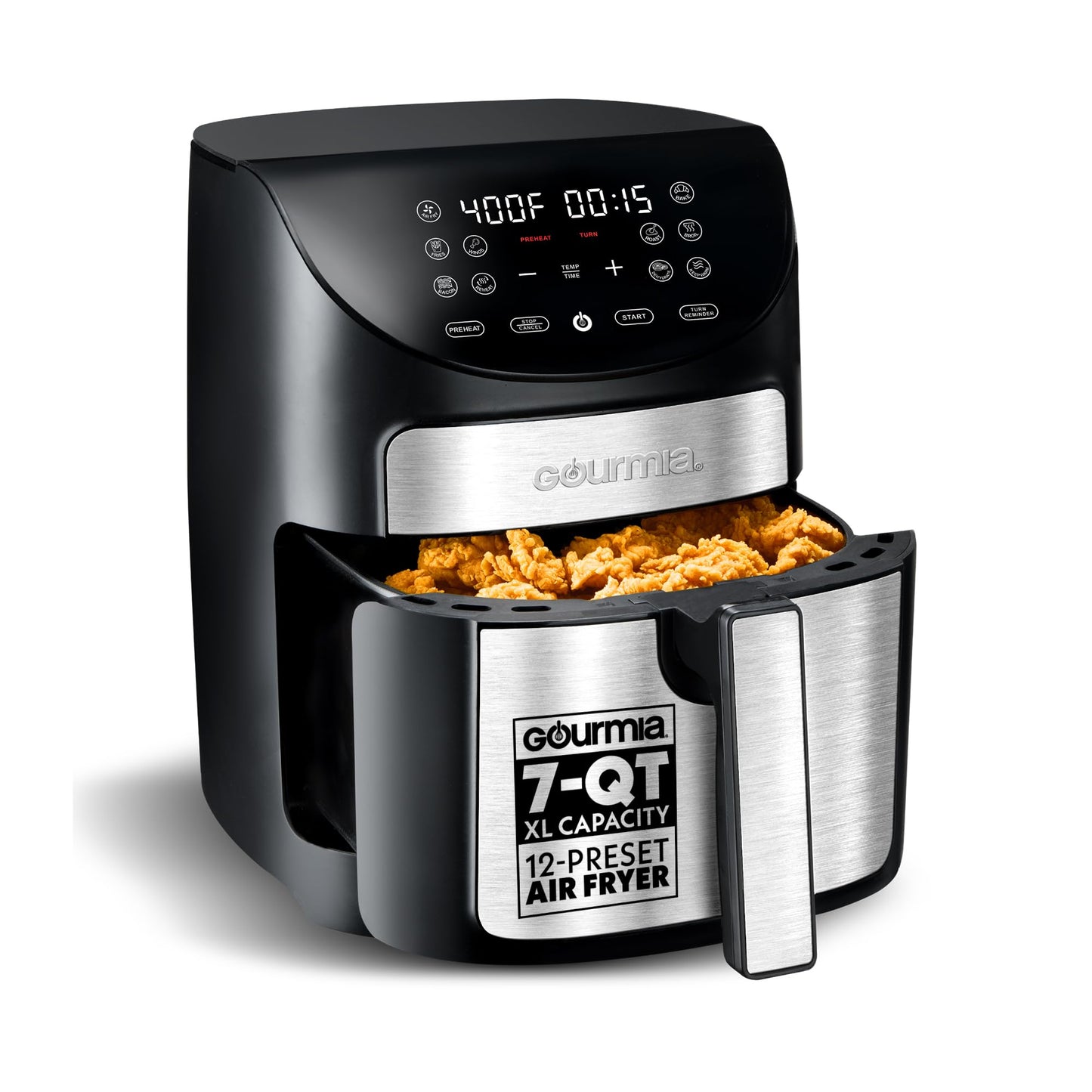 Gourmia Digital Air Fryer – 7 QT, FryForce 360° Technology, 10 Presets, Guided Cooking Prompts, Auto Shut-Off, Dishwasher Safe Basket, 1500W, black/Stainless Steel