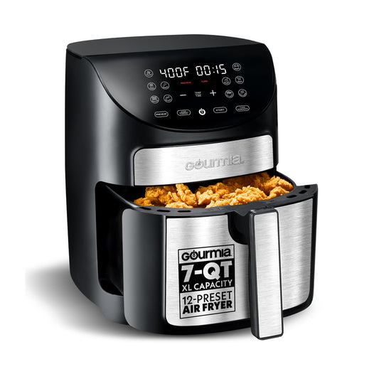 Gourmia Digital Air Fryer – 7 QT, FryForce 360° Technology, 10 Presets, Guided Cooking Prompts, Auto Shut-Off, Dishwasher Safe Basket, 1500W, black/Stainless Steel