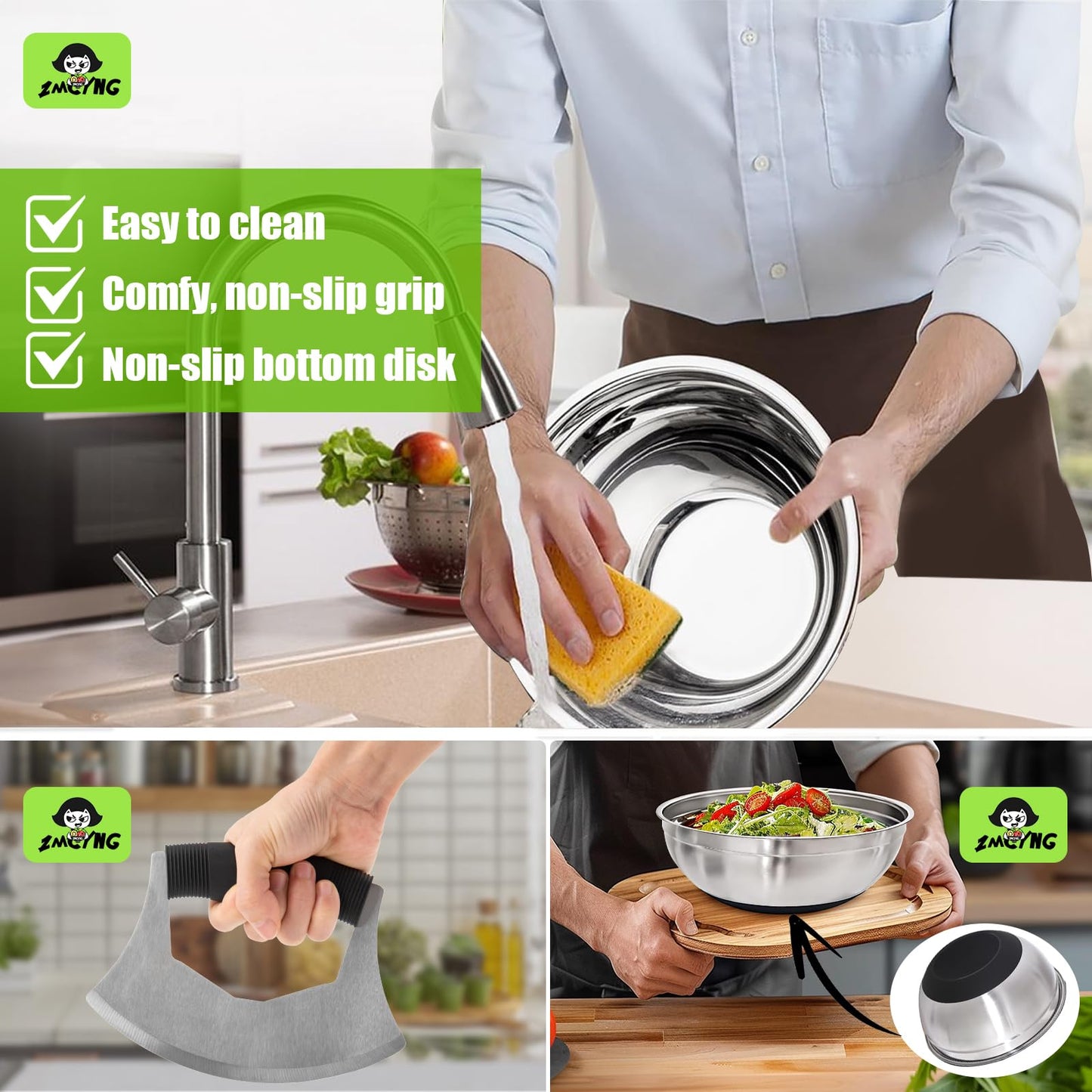 ZMCYNG Salad Chopper Bowl - Stainless Steel Salad Chopping Bowl, Sala d Chopper Bowl and Cutter with Lid, Chef Grade Salad- Chopper Blade and Bowl, Mezzaluna Mincing Knife, Super-fast Sala d Prep