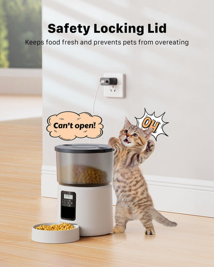 BEMOONY Automatic Cat Feeder, Cat Food Dispenser with 1-6 Meals, Customized Feeding Schedule for Cats & Dogs, Dual Power Supply, Double Lock, 10s Voice, 3L Pet Feeder Including Desiccant Bag, White