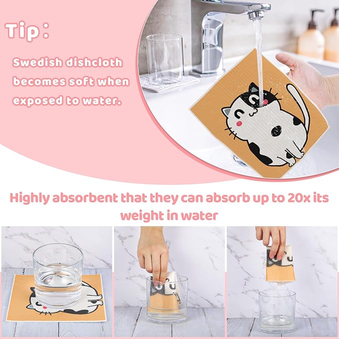 6 Pack Swedish Dishcloths for Kitchen, Cat Gifts for Cat Lovers Swedish Rags