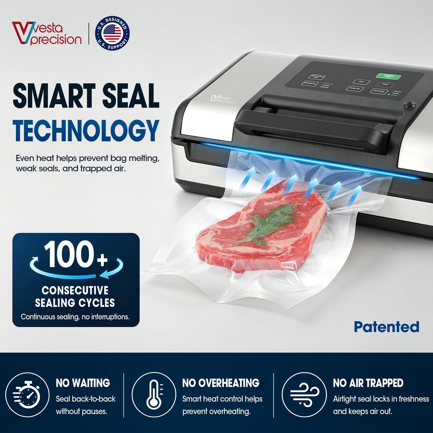 Vesta Precision 12" Vacuum Sealer Machine for Liquid & Moist Foods, Smart Heat Sealing Prevents Bag Melting, Built-in Cutter & Roll Storage Fits 2X20’ or 1X50' Rolls, Mason Jar Kit, Sous Vide, V23