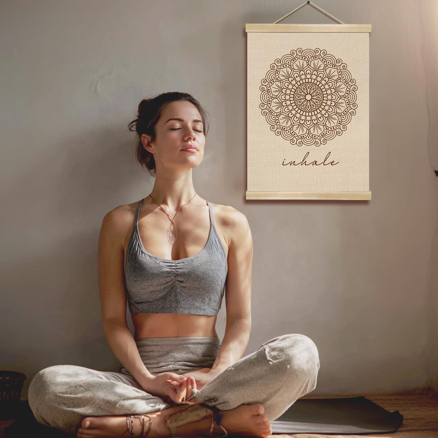 Inhale Mandala Wall Art ,Minimalist Yoga & Meditation Poster, Natural Linen Canvas with Wooden Hanger, Boho Zen Decor for Breathing Space, Spa Room, or Mindfulness Corner 14x18.5Inch(BG010)