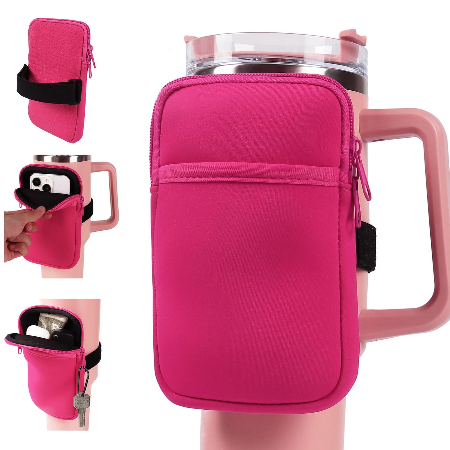 LMYUHONG Water Bottle Pouch For Stanley cup accessories 40oz 20oz 30oz,tumbler pouch with Versatile Pocket, for Cards, Keys,Earphone. Fits for Phones, Use for Running, Walking, Hiking,Biking,DeepPink