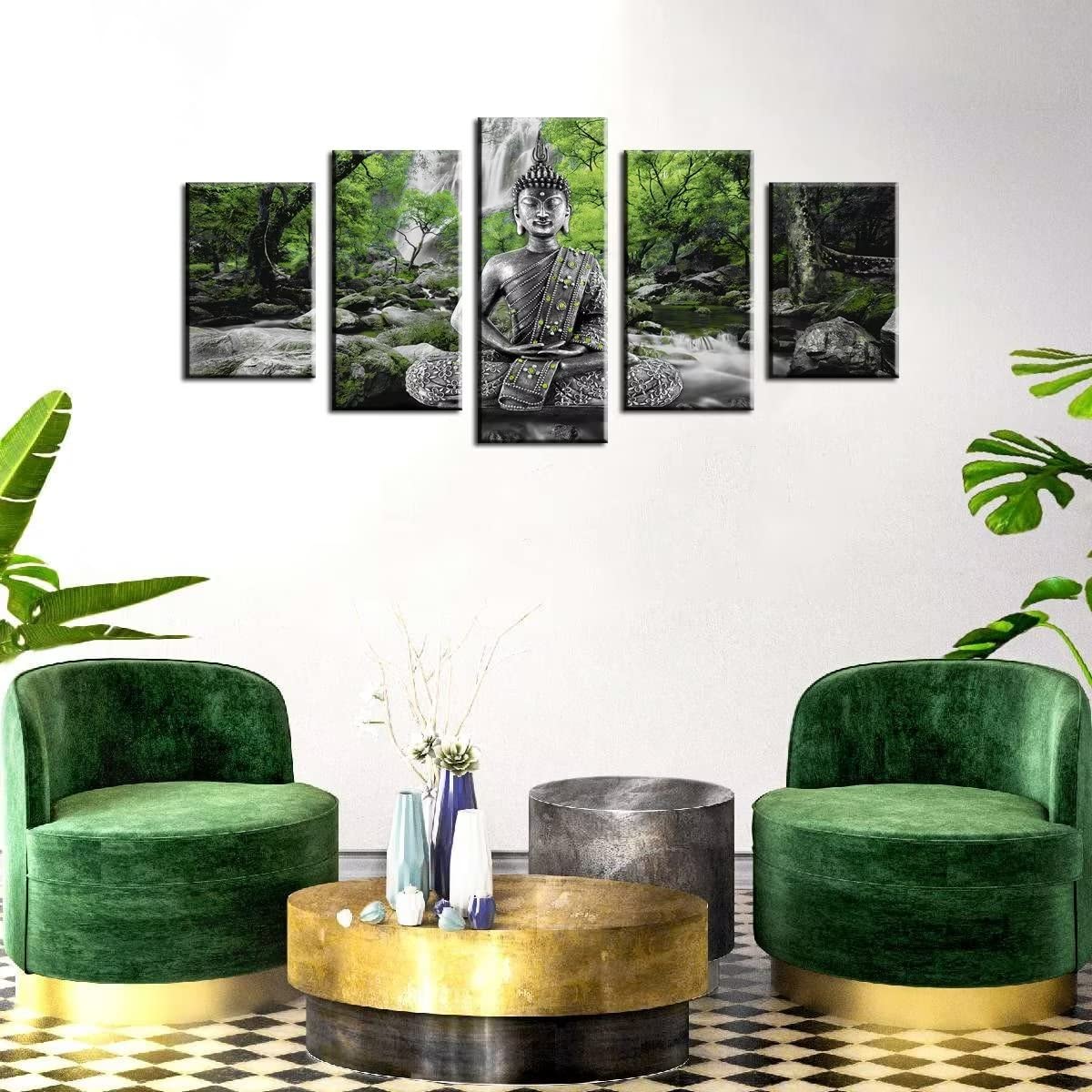 AWLXPHY Decor Buddha Wall Art Canvas Painting Framed 5 Panels for Living Room Decoration Modern Landscape Buddha Waterfall Trees Zen Stretched Artwork Giclee (Green, 40"x20")