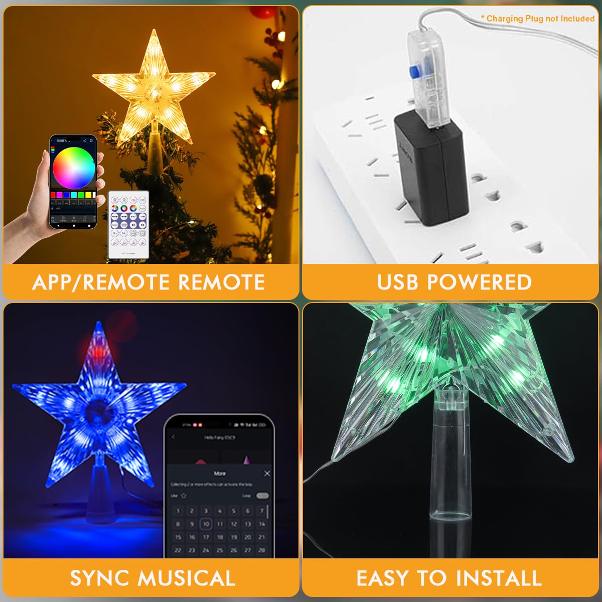 7In Smart Christmas Tree Topper Star, LED Lighted Star Tree Top, Star RGB Night Light Treetop, APP/Remote Remote, Sync Musical, for Xmas Holiday Party Gift Décor, Charging Plug not Included