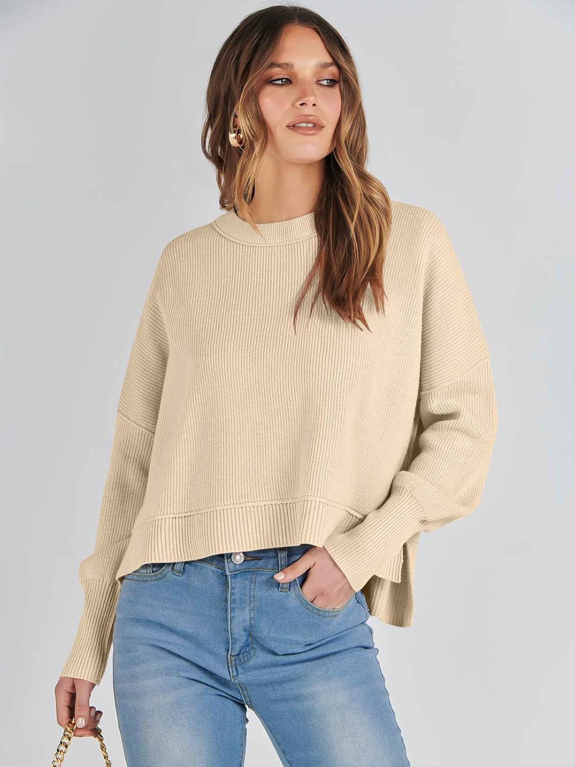 ANRABESS Womens Cropped Sweaters Oversized Crewneck Long Batwing Sleeve Side Slit Ribbed Knit Pullover Tops 2025 Fall Clothes