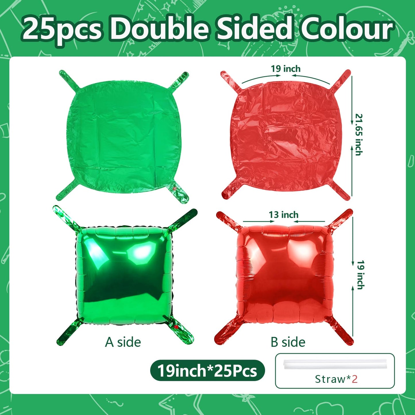 NISOCY 25PCS Christmas Balloons Red Green Square Foil Balloon Wall Backdrop Double Sided Metallic Red Balloons Arch Kit for New Years Birthday Anniversary Bridal Baby Shower Party Decorations