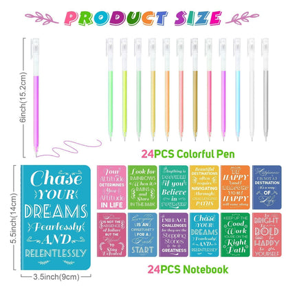 24 Pcs Mini Inspirational Notebooks Bulk with 24 Pcs Colorful Pens, Small Pocket Journal Notepads Set, Motivational Bulk Gifts for Women Men Teacher Student, Fun Mother's Day Gift Bulks, 3.5" x 5.5"