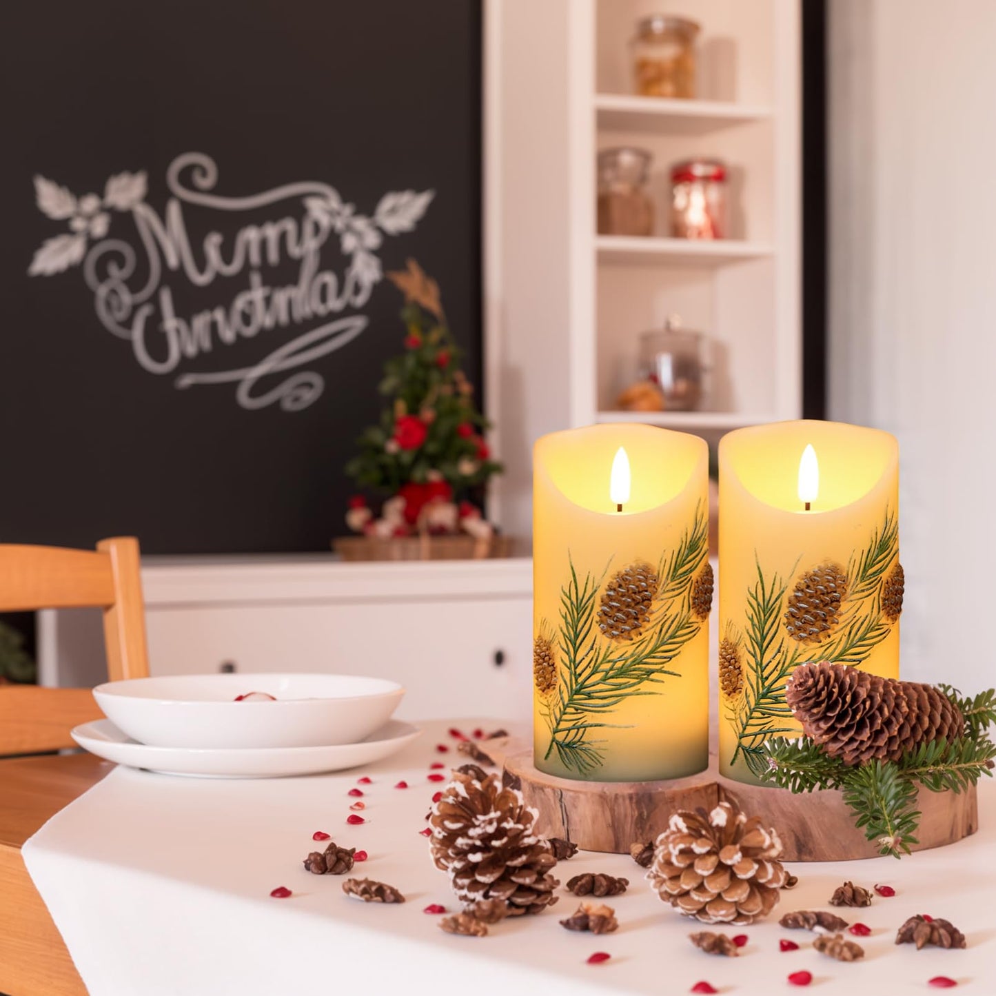 Wondise Flameless Candles with Timer, Battery Operated Flickering 3D Wick Real Wax Pine Cone Candles for Christmas Holiday Indoor Decoration, Set of 2, Ivory(D3 x H5.7 Inch)