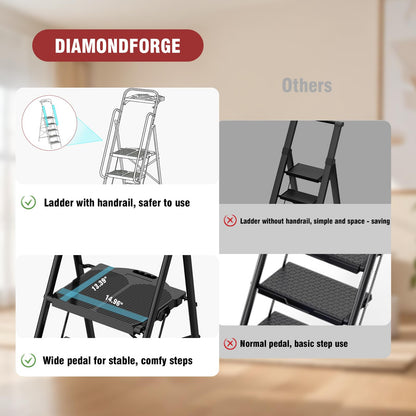 5 Step Foldable Step Ladder Stool with Roomy Tool Tray and Secure Handrail, Foldable Platform Ladder 5 Step Folding Stepstools with Wide Pedals and 800lbs Weight Capacity for Adults, Home, Kitchen