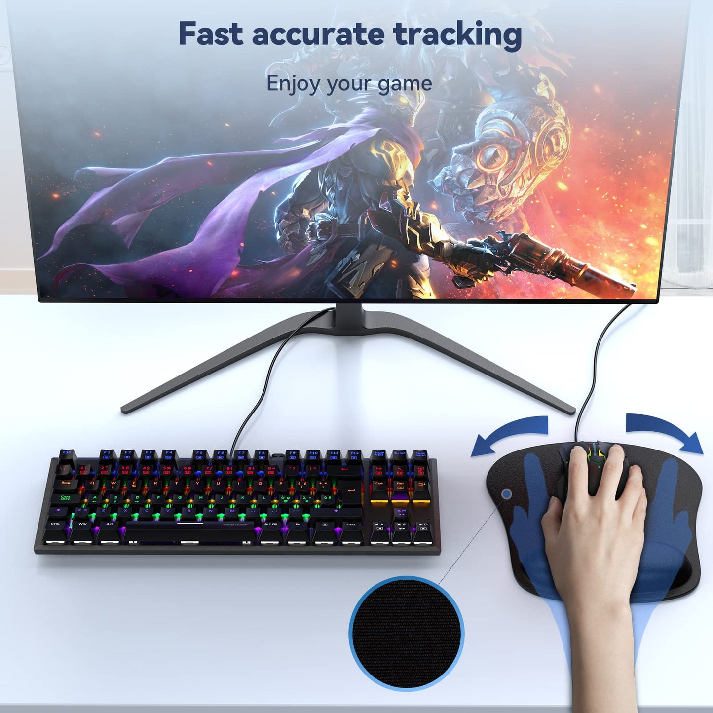 TECKNET Mouse Pad with Wrist Support, Ergonomic Gaming Mouse Pad Pain Relief, Portable Comfortable Mousepad for Computer, Laptop, Office, Home and Travel, Non-Slip Base, Waterproof Surface, Black