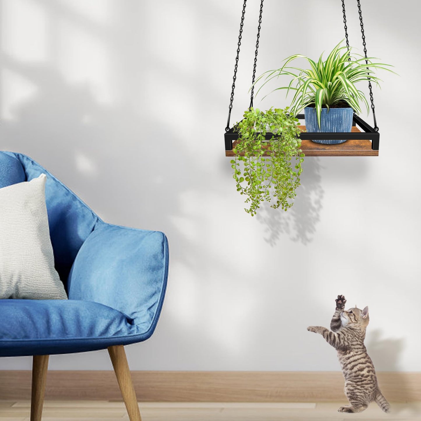 Plant Hanger Indoor, 16" Wooden Hanging Plant Holder with Metal Frame Large Hanging Planter for Indoor Plants Load 50LB Hanging Plant Shelf with 27.6" Long Chain, Ideal for Heavier Pots Window Ceiling