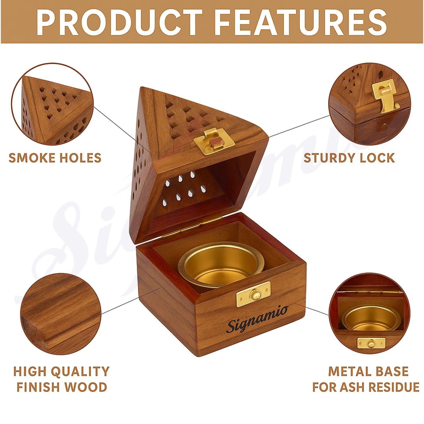 SIGNAMIO® 3 Pcs Premium Wooden Sambrani Dhoop & Incense Stick Agarbatti Holder Set: Agarbatti Stand with Ash Catcher, Pooja Room Decoration Essential, Pooja Thali Accessories, and Mandir Decor Items