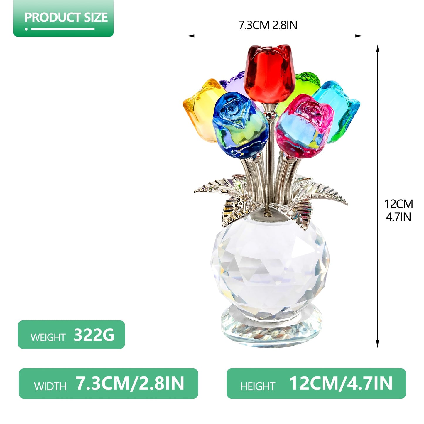 KRISININE Crystal Colorful Rose Flower Collectible Figurine Glass Flowers with Vase Romantic Gifts for Wife Mom Women(2.8 * 4.7in)