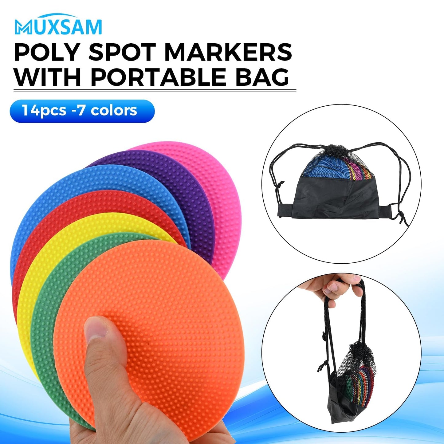 MUXSAM 14Pcs Spot Markers for Agility Dot Gym PE Training Dance, 10cm/4in Flat Disc Markers, Soccer Cones, Field Court Markers, Football Training Equipment with Bag for Games Floor Dots Sport