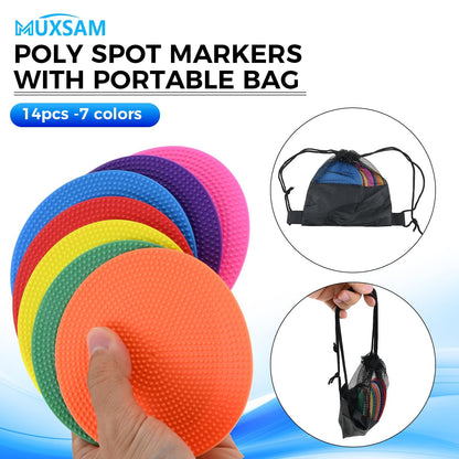 MUXSAM 14Pcs Spot Markers for Agility Dot Gym PE Training Dance, 10cm/4in Flat Disc Markers, Soccer Cones, Field Court Markers, Football Training Equipment with Bag for Games Floor Dots Sport