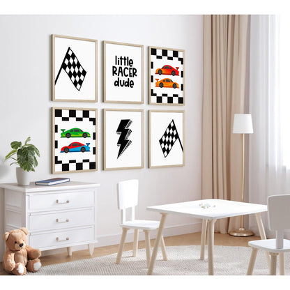 Race Car Wall Art Pictures Boys Room Wall Decor Nursery Toddler Canvas Wall Art Kids Playroom Art Prints Boys Race Car Poster Nursery Artwork Set of 6 for Bedroom 8x10 Inch Wood Framed