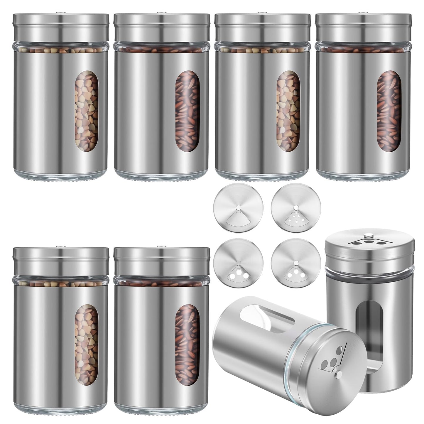 8 Pcs Premium Stainless Steel Salt and Pepper Shakers Set – Salt and Pepper Shakers,Stainless Steel Shaker for Salt Powder Sugar Cinnamon Pepper, Spice Dispenser with Adjustable Pour Holes, Silver