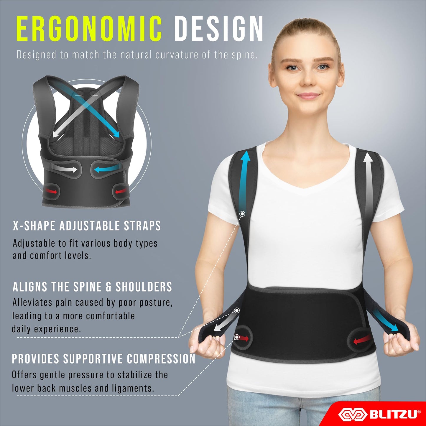 BLITZU Back Brace Posture Corrector for Women and Men. Shoulder Straightener, Adjustable Full Back Support. Upper and Lower Back Pain Relief for Neck Hump, Scoliosis, Spine, Hunchback Correction. M