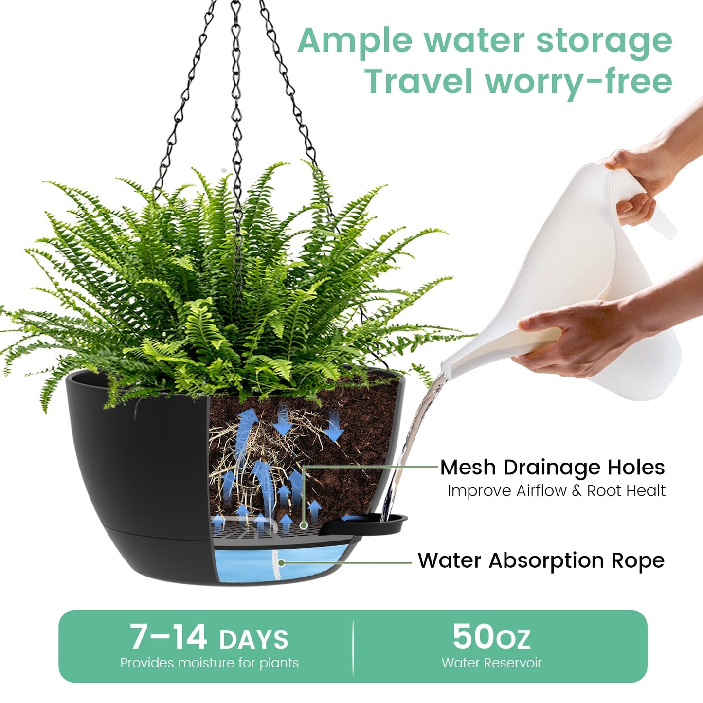 UOUZ 13 Inch 2 Pack Large Self Watering Hanging Planters for Indoor Outdoor Plants, Hanging Plant Pots with Removable 50 Oz Reservoir, Plastic Hanging Basket for Window Porch Garden Balcony, Black