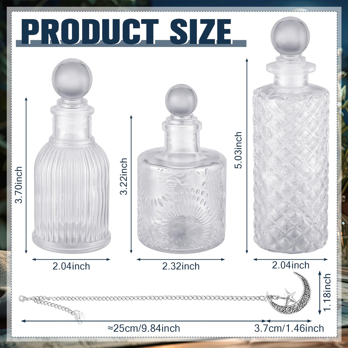 Potchen 3 Pcs Moon Energy Glass Bottle with 3 Lunar Star Spiritual Moonlight Water Jar Chain Charging Container with Lid for Infusing Intentions Crystal Cleansing Meditation Witchcraft Home(Clear)