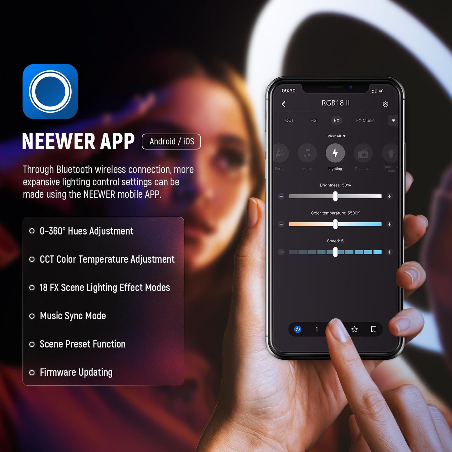 NEEWER 18 Inch RGB LED Ring Light APP Control with Tripod Stand Phone Holder Compatible with iPhone for Selfie Makeup Lash Studio Streaming Video Recording Lighting, 42W Ringlight Dimmable, RGB18 II