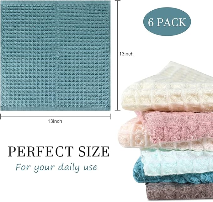 6 Pack Waffle Weave Dish Cloths, 13x13 Inch 100% Cotton Kitchen Towels