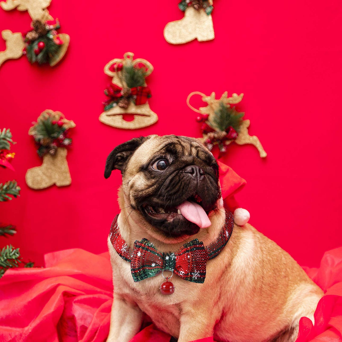 4 Pieces Christmas Dog Bandanas and Collars Set Xmas Christmas Classic Plaid Dog Neck Tie Triangle Bib Scarf Kerchief Adjustable PET Bow Tie with Safety Bell Costume for Cat(L,Stylish Style)