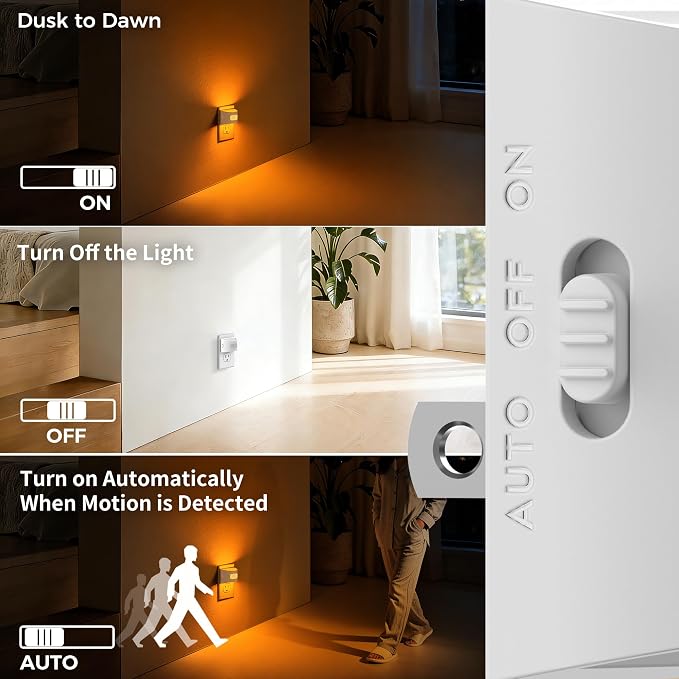DORESshop LED Night Light[4 Pack], Night Lights Plug into Wall, Dimmable Plug in Night Light with Motion Sensor, Dusk to Dawn Sensor, Nightlights for Adults, Bedroom, Bathroom, Amber, White Cover