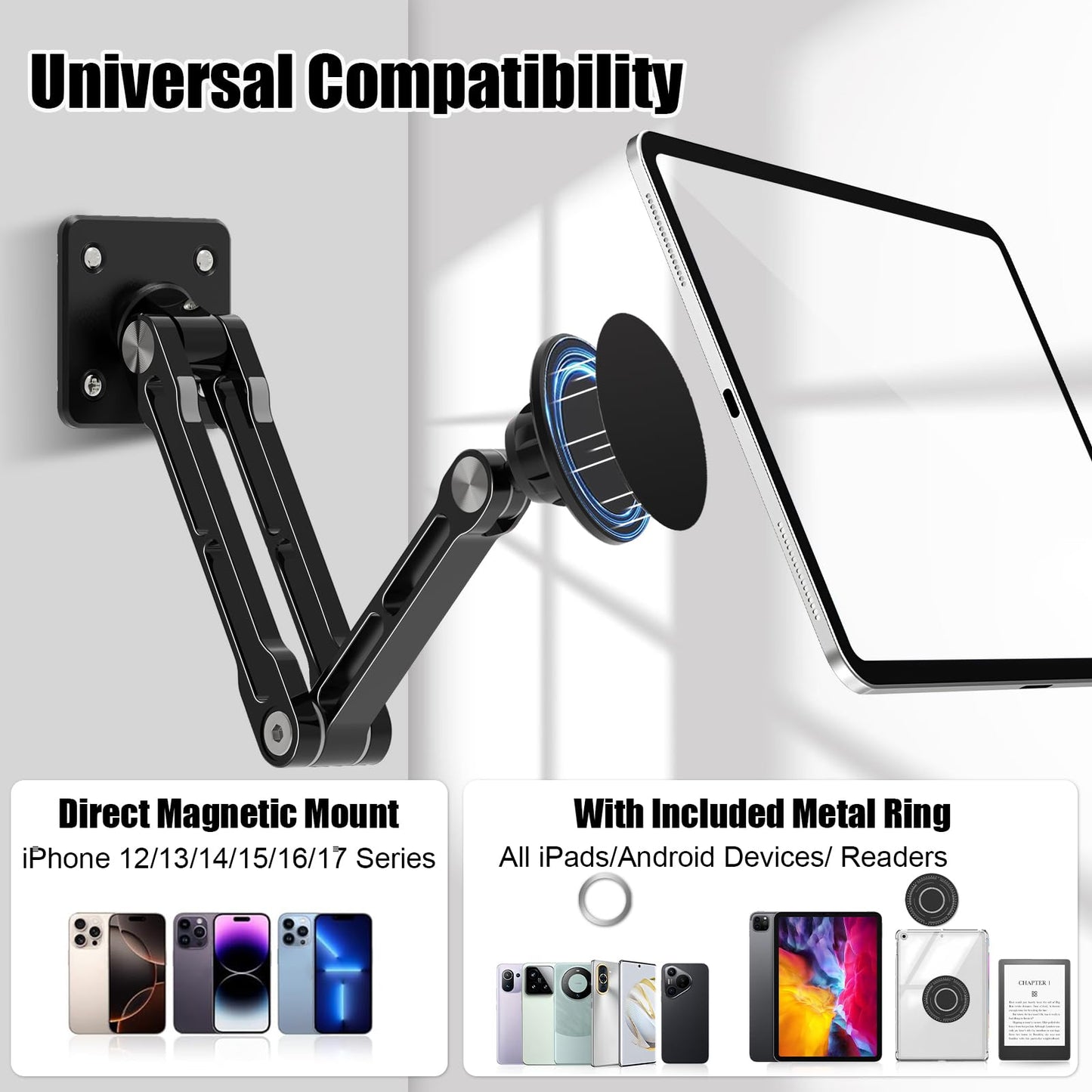 JUBOR Magnetic Tablet Wall Mount, 360° Rotating Alloy Steel Stand with MagSafe & Metal Ring, Foldable Arm for 4.7-13" iPad/Phone/Tablet, Home Gym Kitchen Office