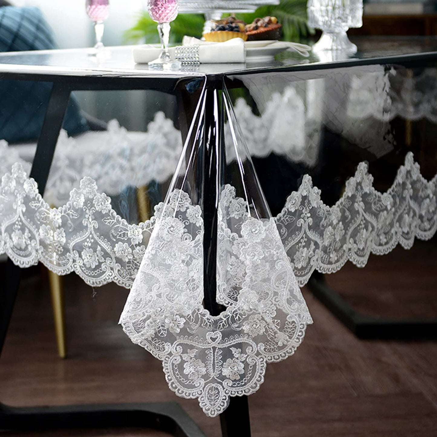 Clear Plastic Waterproof Tablecloth, Vinyl PVC Rectangle Table Cloth with Lace Macrame, Oil Spill Proof, Table Cover for Dining Tables, Parties and Holidays (White, 60 x 98 Inch)