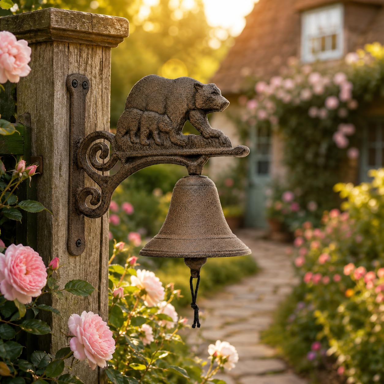 Comfy Hour 7.8" Heavy Duty Cast Iron Bear Dinner Bell, Loud Resonant Wall Mounted Outdoor Doorbell for Farmhouse, Garden & Cabin, Decorative Wildlife Metal Bell for Porch, Antique Black Finish