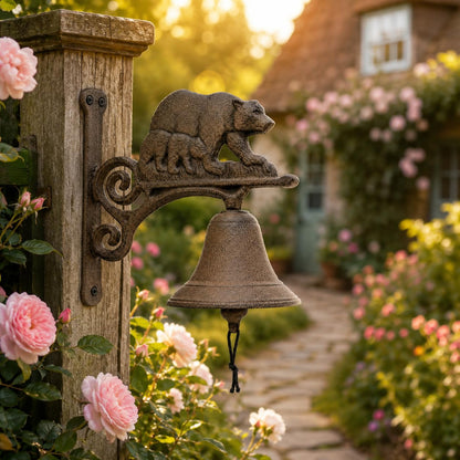 Comfy Hour 7.8" Heavy Duty Cast Iron Bear Dinner Bell, Loud Resonant Wall Mounted Outdoor Doorbell for Farmhouse, Garden & Cabin, Decorative Wildlife Metal Bell for Porch, Antique Black Finish