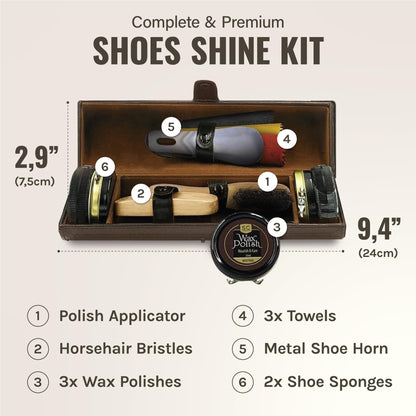 Stone & Clark 12PC Shoe Polish & Care Kit, Leather Shoe Shine Kit with Brown Wax, Shoe Brushes for Polishing, Shine Cloth & Shoe Horn, Compact Shoe Cleaning Kit with Horse Hair Brushes & PU