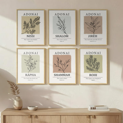 Framed Christian Scripture Wall Art, Set of 6 Minimalist Bible Verse Prints, Names of God Faith Based Neutral Boho Botanical Leaf Artwork for Bedroom Living Room Office Hallway Home Decor, 11x14 Inch