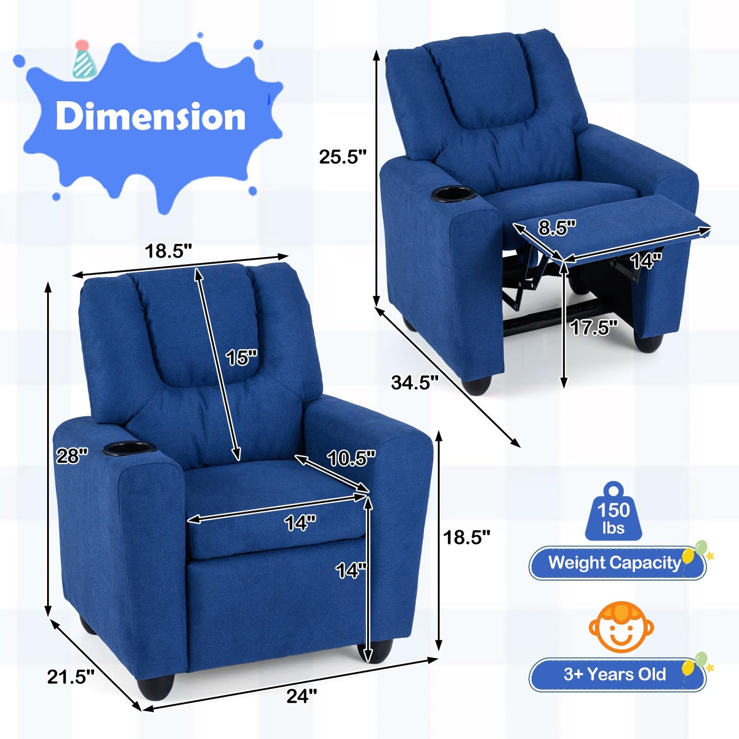 CHEFJOY Kids Recliner, Toddler Lounge Chair w/Cup Holder, Wide Armrest, Kids Sofa w/Adjustable Footrest, Comfy Toddler Recliner Chair for for Boys & Girls 3 + (Fabric, Blue)