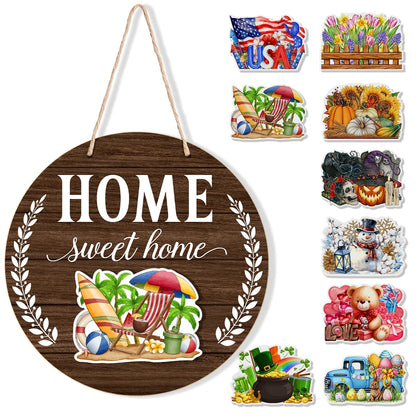 Interchangeable Welcome Sign Summer Patriotic 4th of July Front Porch Decor, Rustic Round Wood Wreath Door Decoration, Home Sweet Home Sign for Spring Fall Winter All Seasons Holiday, Dark Brown